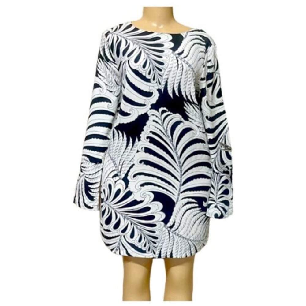 NWT H&M Black & White Palm Pattern Long Sleeve Shift Dress - Size 12